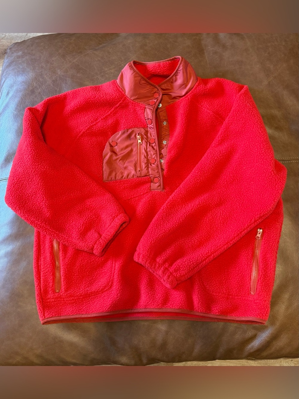Cozy Red Sherpa Pullover with Zip Pocket